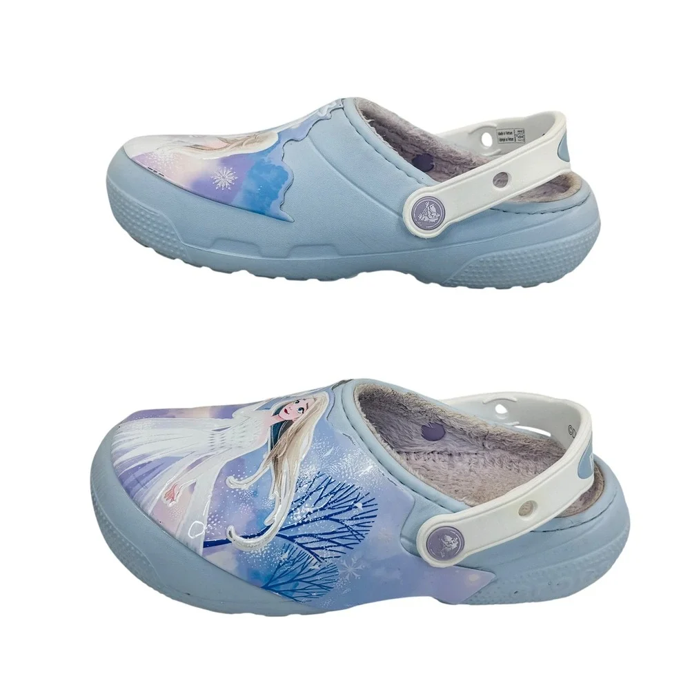 Disney Frozen Crocs J2 Kids Fuzzy Lined Clogs Elsa Blue Slip-On Winter Shoes‎